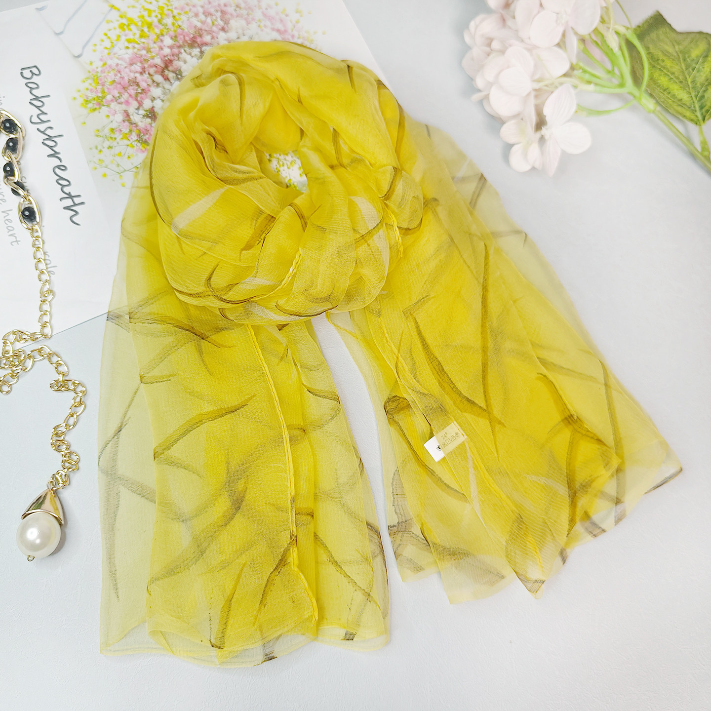黄色真丝小丝巾女士印花多功能护颈桑蚕丝小围巾春秋夏季防晒纱巾