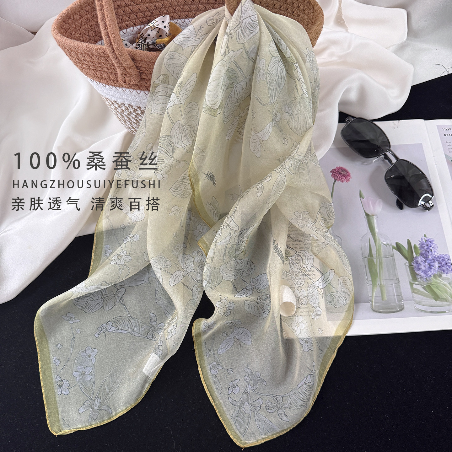 68cm春夏清新丝巾女100%桑蚕丝真丝雪纺中方巾装饰护颈小领巾围巾