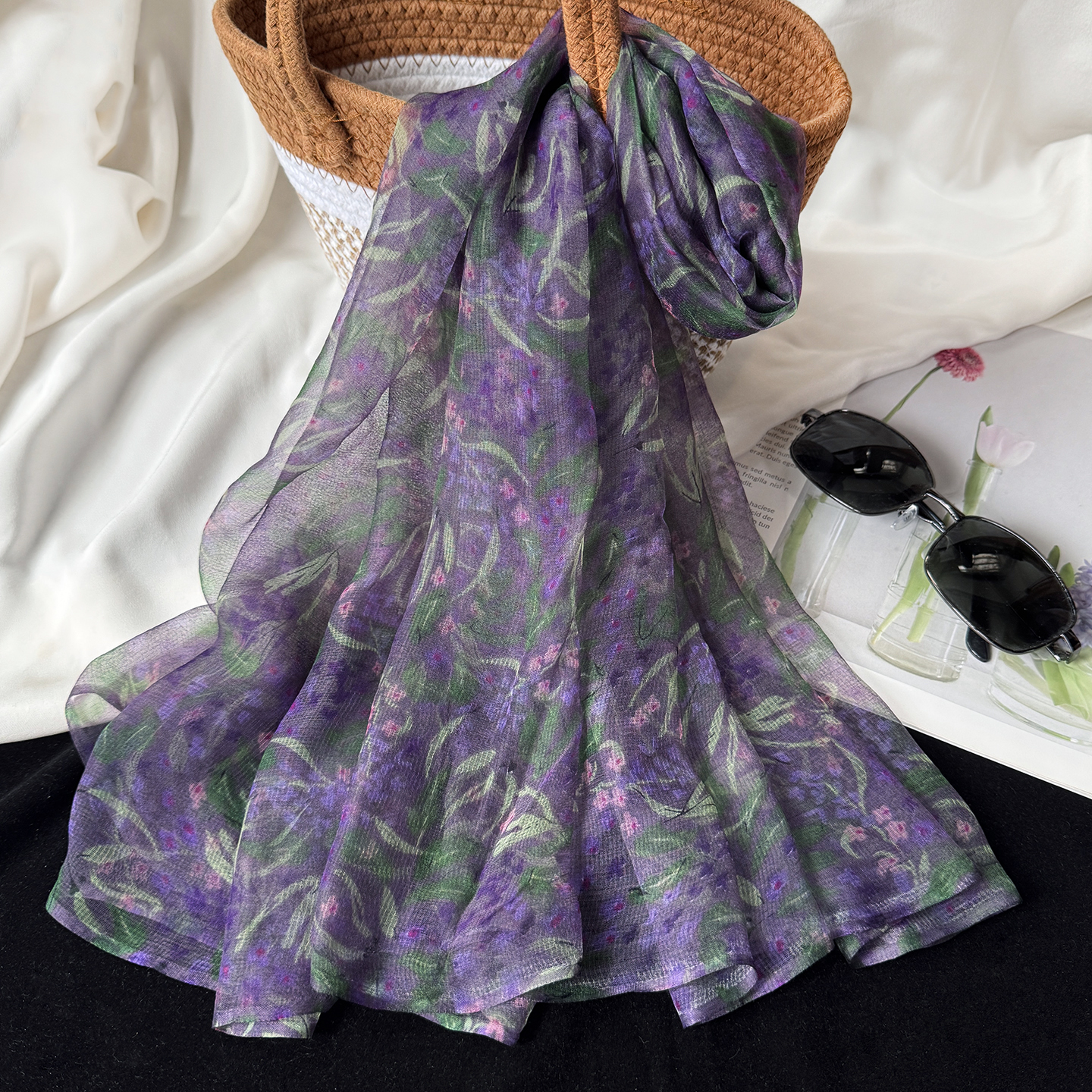 紫色花真丝桑蚕丝护颈薄款丝巾围巾妈妈春秋季长款东风纱百搭纱巾