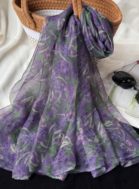 紫色花真丝桑蚕丝护颈薄款丝巾围巾妈妈春秋季长款东风纱百搭纱巾