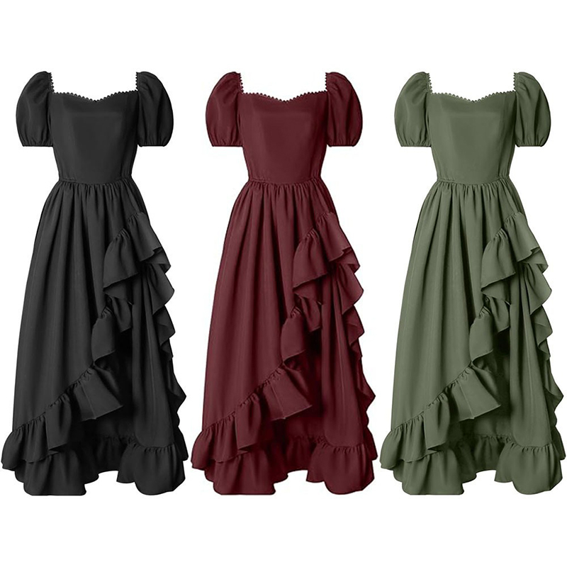 女士方领复古高低不规则连衣裙