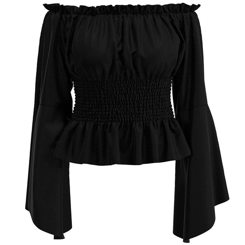 欧美舞台表演服纯色短款上衣 欧美中世纪复古女款一字肩长袖衬衫