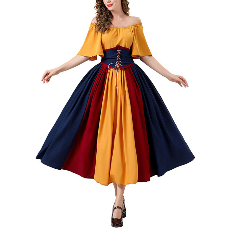 欧美复古撞色拼接飞飞袖连衣裙 女士系带收腰公主裙一字肩礼服裙