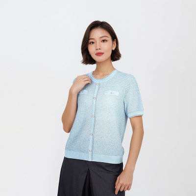 上衣设计感女小众法式夏轻奢高级感短袖t恤小香风蓝色冰丝针织衫