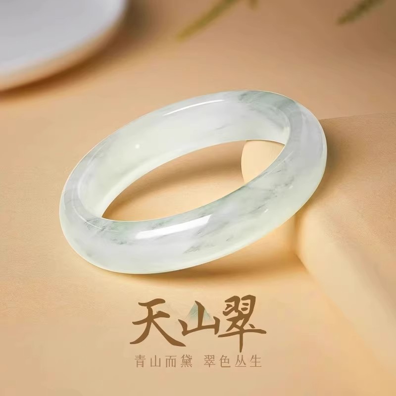 正品天山翠玉新疆雪翠天山冰翠女款年轻扁条天然高冰白月光玉镯