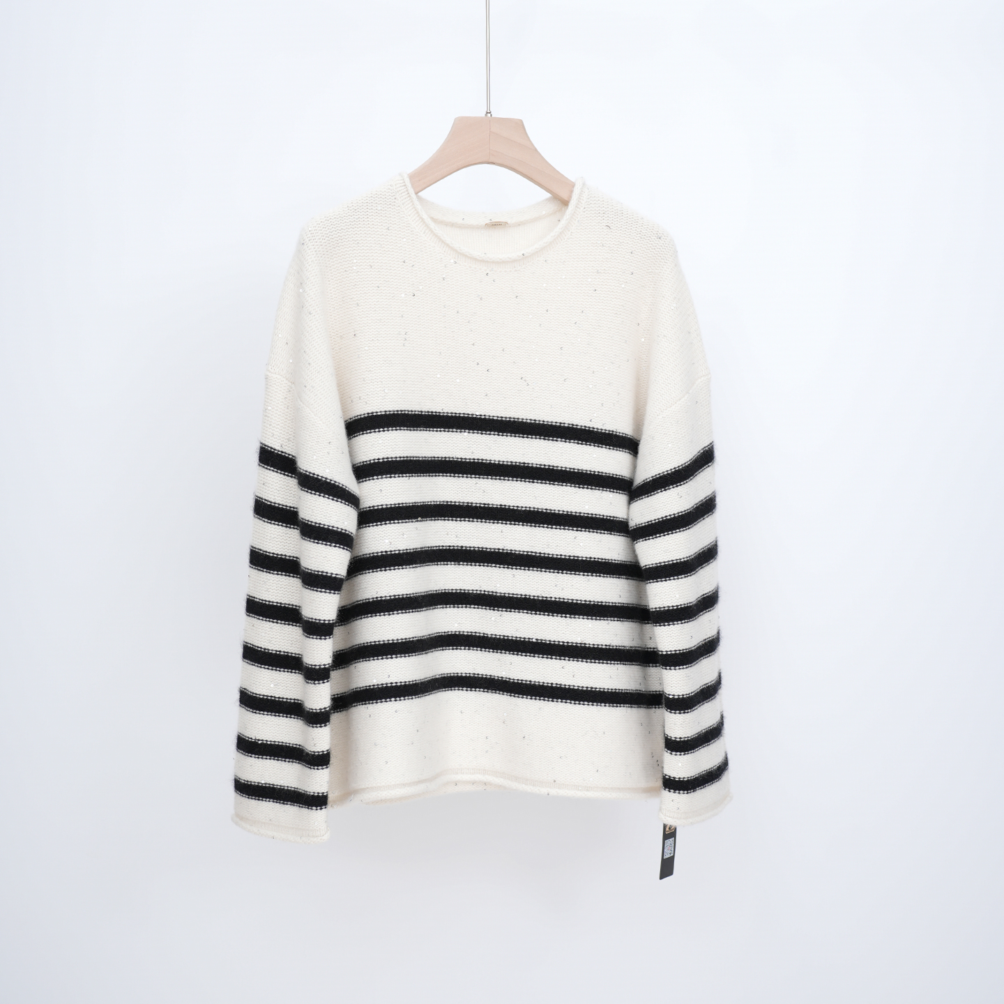 康赛妮山羊绒亮片加厚毛衣自然卷边宽松上衣气质简约条纹针织衫