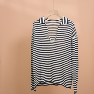 T恤百搭一字肩干爽透气针织衫 和纸纱早春时尚 条纹长袖