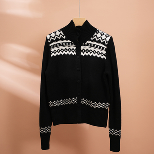 美式复古费尔岛针织衫几何黑白开衫简约轻奢毛衣外套纯羊毛