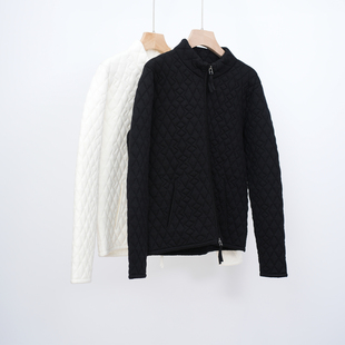 重磅菱形格针织全羊毛夹棉休闲外套率性气质黑色白色女款棉服外套