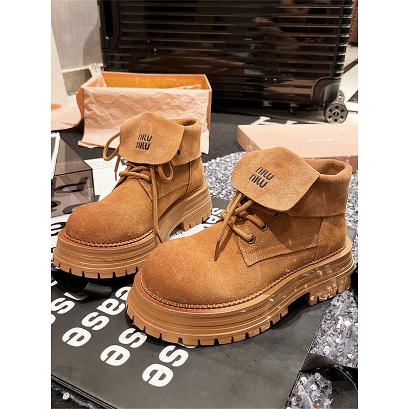磨砂马丁靴2025年新款字母翻领机车靴大黄靴两穿松糕女鞋