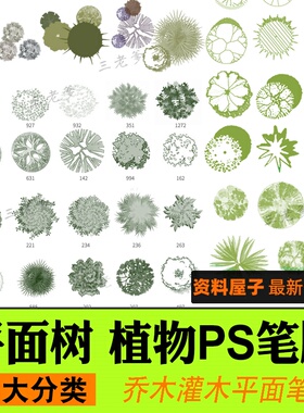 平面树植物ps笔刷小清新水彩树乔木灌木总平面图灰色彩平植物笔刷