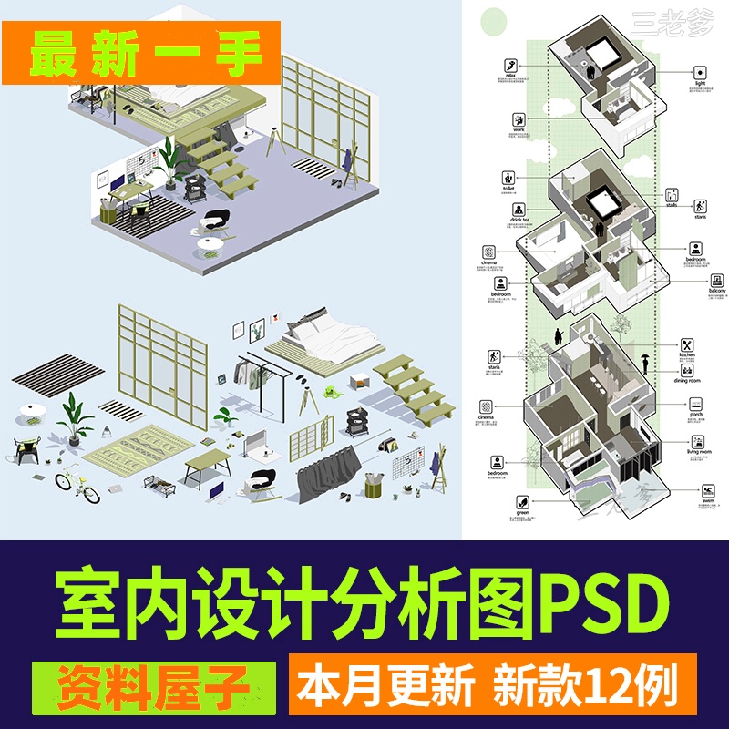 小场景节点分析图psd素材 装配家具模块设计室内活动功能轴测图ps