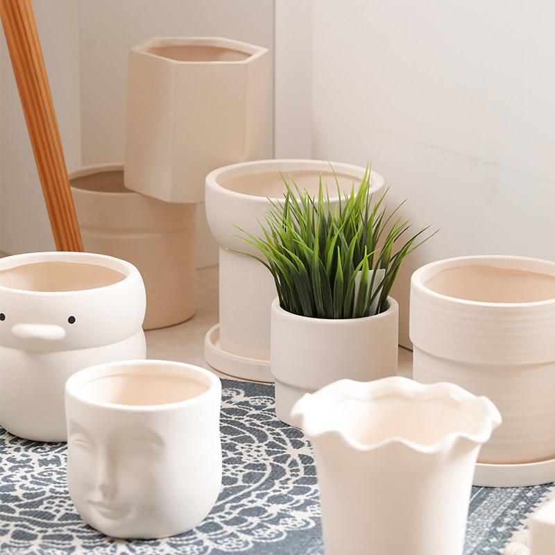 北欧陶瓷素烧白陶花盆透气吸水粗陶土有孔植物多肉盆栽兰花带托盘,鲜花速递/花卉仿真/绿植园艺,花盆,淘宝优惠券,粉丝福利购,淘宝优惠卷