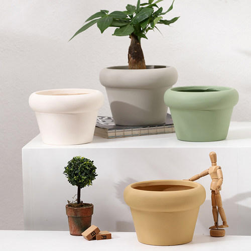 圆形厚边北欧素烧陶瓷花盆带托