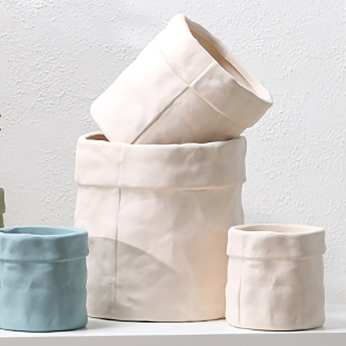 素烧布袋陶瓷花盆透气白陶土手绘