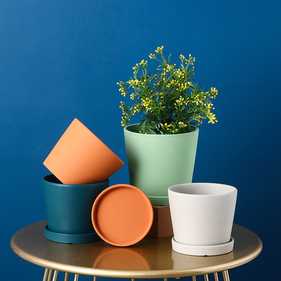 轻奢简约纯色陶瓷花盆有孔带托盘