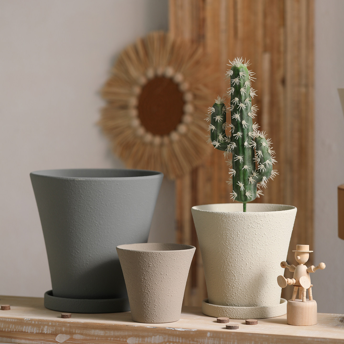 陶泥浆磨砂表面圆形粗陶土花盆素烧胚陶瓷透气带托盘植物兰花香草