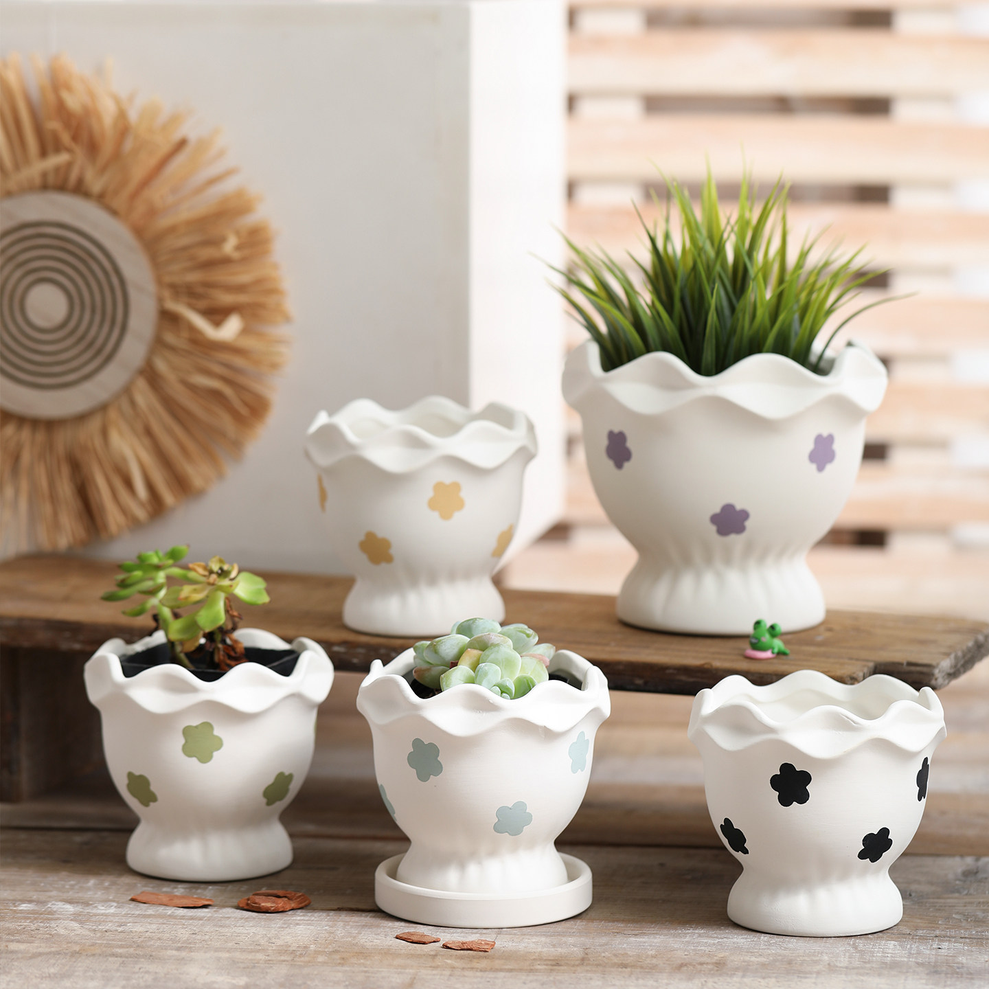 北欧可爱花朵波点手工陶瓷花盆素烧白陶土透气有孔仙人掌多肉绿植