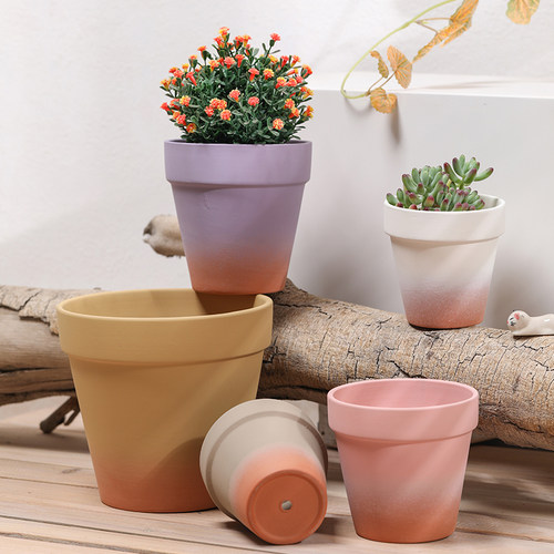 渐变色红陶花盆有底孔带托盘大号