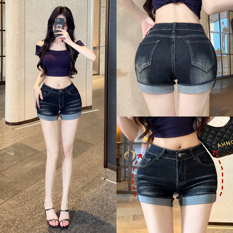 蓝黑色牛仔短裤女2025夏季新款美式丰胯包臀辣妹紧身卷边a字热裤