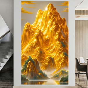 竖版背靠金山墙面装饰画自粘壁画走廊过道招财3D风景玄关门贴