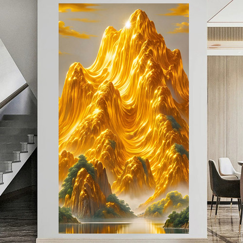竖版背靠金山墙面装饰画自粘壁画走廊过道招财3D风景玄关门贴