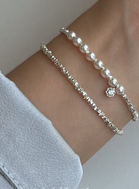 两件套叠戴925银碎银手链风粼粼涟漪碎银子奥地利珍珠手链