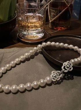 精美双山茶花贝珠施家珍珠项链圆珠仿澳白色锁骨