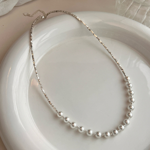 925银碎银几两项链女复古轻奢小众高级感锁骨链碎银子珍珠颈链