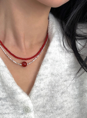 S925碎银子红玛瑙缠绕项链锁骨链女新年本命年红绳
