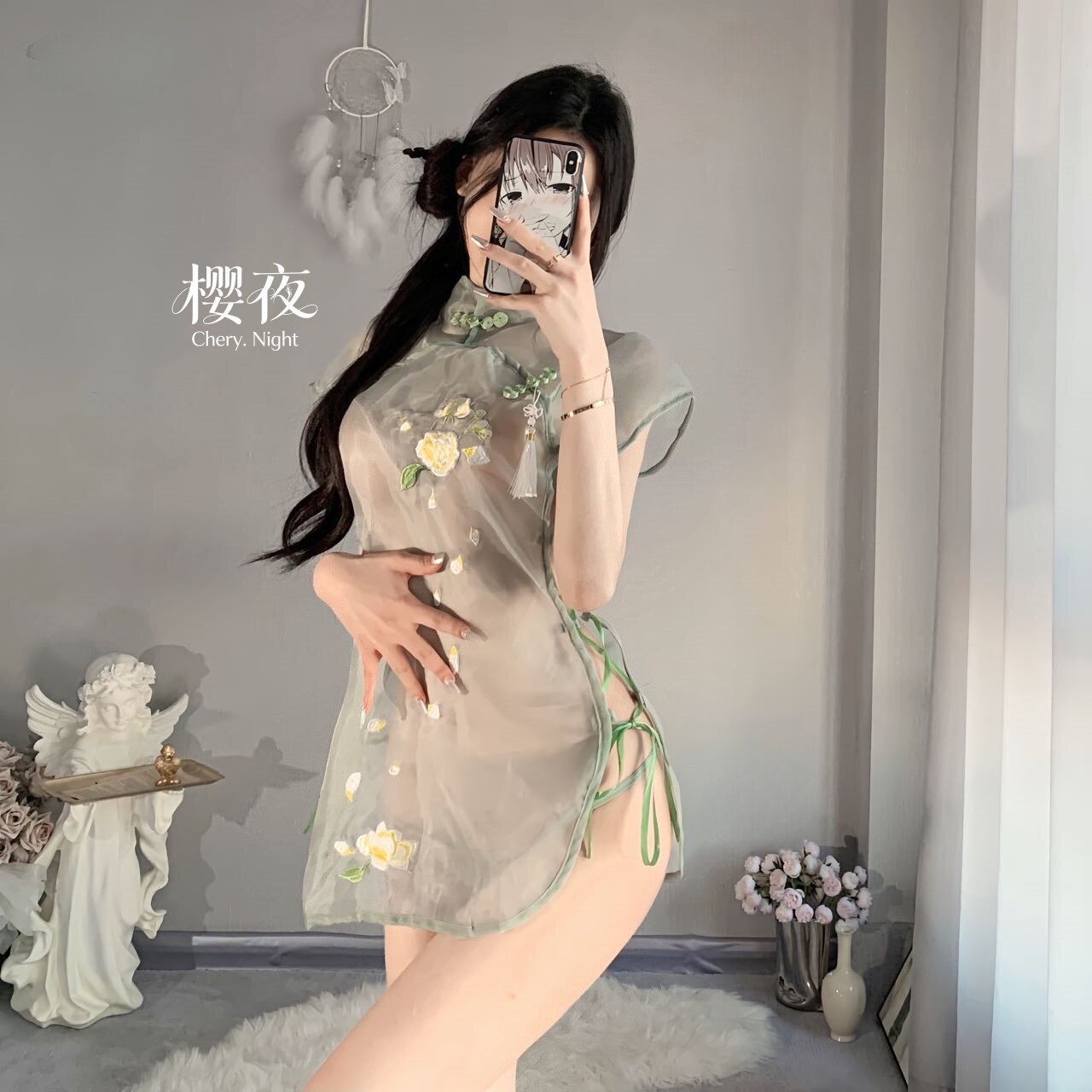 性感制服火辣古典风立领旗袍女复古刺绣开叉睡衣大码透视睡衣睡裙