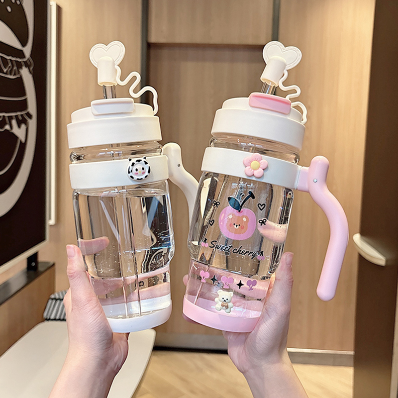 大容量玻璃杯简约透明办公室双饮吸管水杯便携带盖把手耐高温杯子