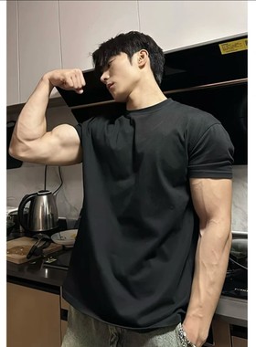 Light Weight男收袖口短袖夏季美式小领口重磅t恤垫肩显肌肉健身