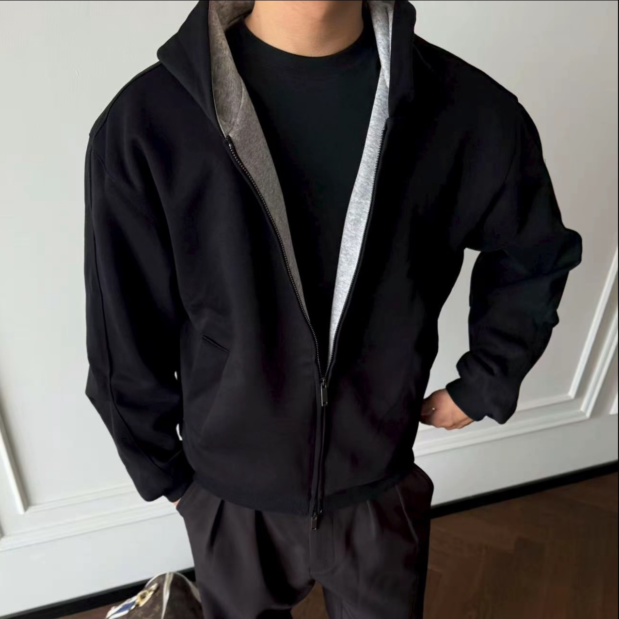 重磅撞色显壮连帽开衫卫衣男廓形