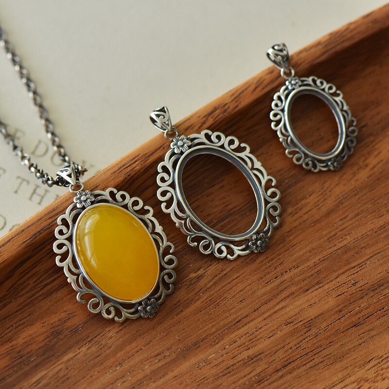 S925纯银吊坠空托复古男女款梅花13*18 18*25DIY蜜蜡松石玉石镶嵌