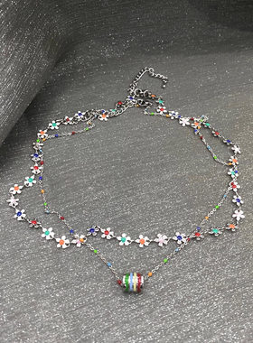 彩色小花锁骨链彩虹小蛮腰项链双层叠戴夏季小众甜酷多巴胺颈链女