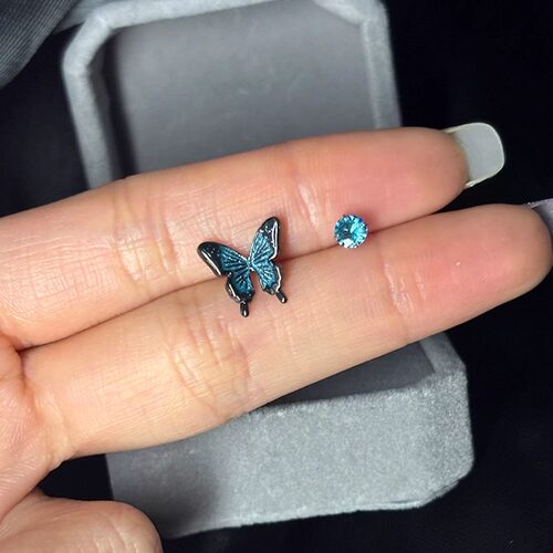 【定制款】蓝色蝴蝶耳钉女小众设计感清冷感迷你耳环2025新款耳夹
