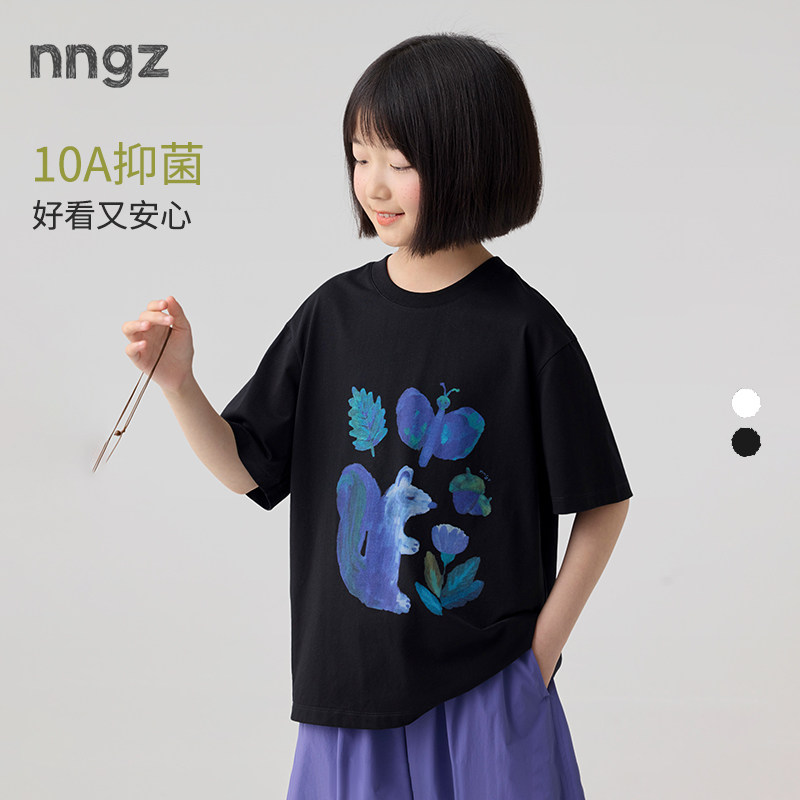 NNGZ设计师女童手绘玩偶印花短袖t恤26夏季新款冰感抗菌儿童上