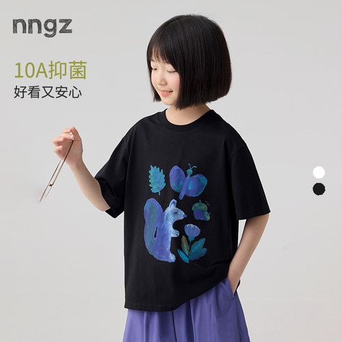 NNGZ设计师女童手绘玩偶印花短袖t恤26夏季新款冰感抗菌儿童上衣