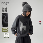 百搭上衣 童装 NNGZ冬季 女童马年印花加绒卫衣亲肤保暖儿童套头衫