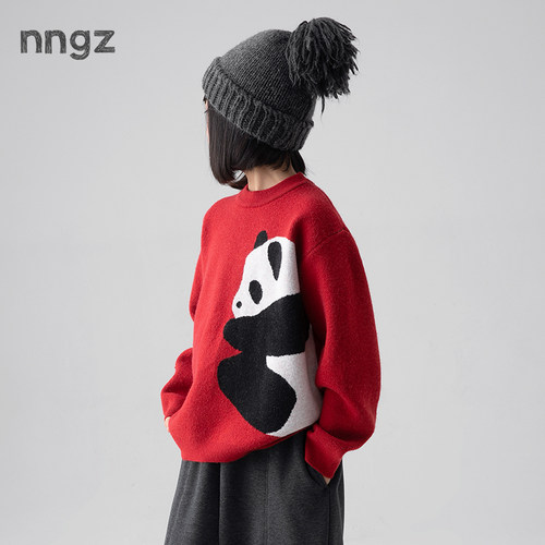 NNGZ熊猫提花红色毛衣冬季柔软亲肤儿童针织衫童装百搭年服上衣