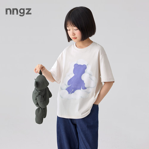 NNGZ设计师女童云朵玩偶印花短袖t恤26夏季新款洋气撞色儿童上衣