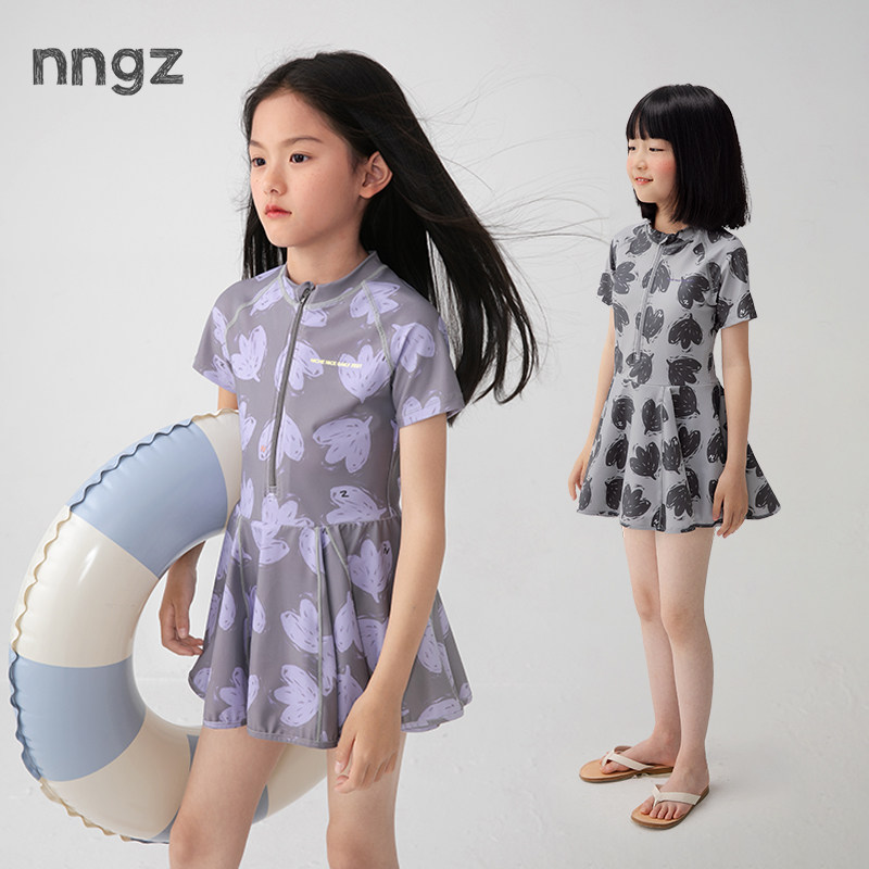 NNGZ设计师风手绘满印女童连体泳衣夏季洋气百搭儿童裙装游泳衣