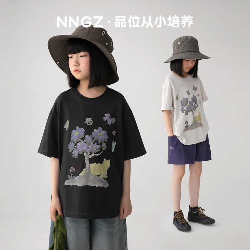 NNGZ设计师风女童手绘植物印花短袖t恤夏洋气儿童套头衫童装上衣