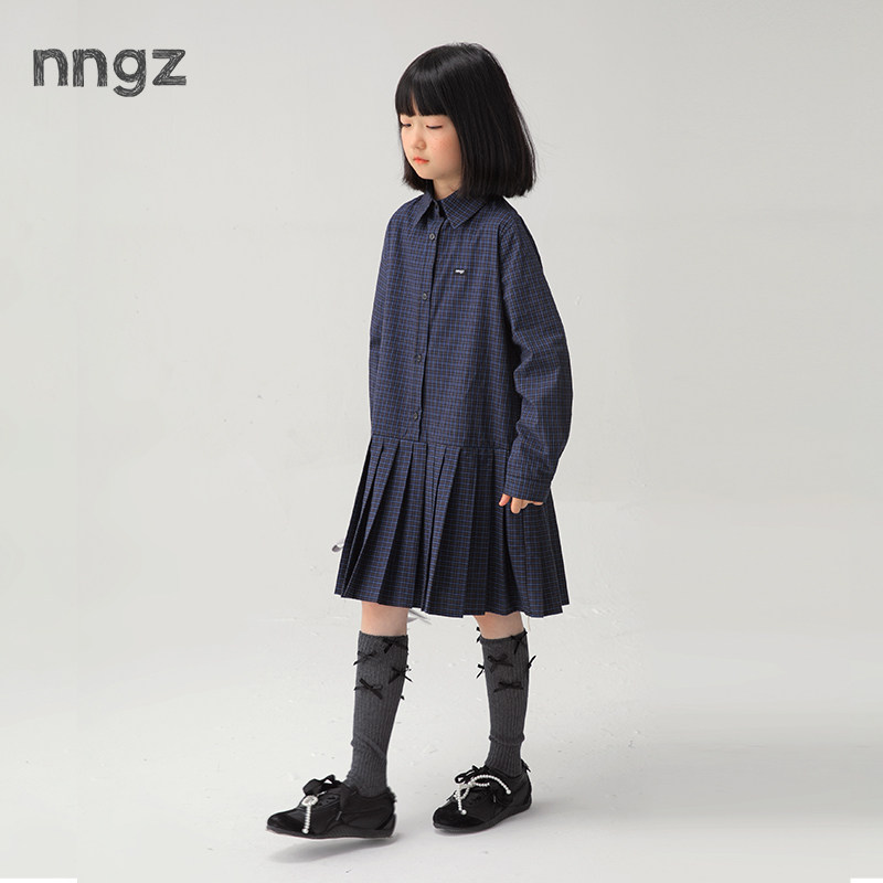 NNGZmiu系女童格子衬衫裙全棉亲肤儿童polo领连衣裙秋季百褶裙图片
