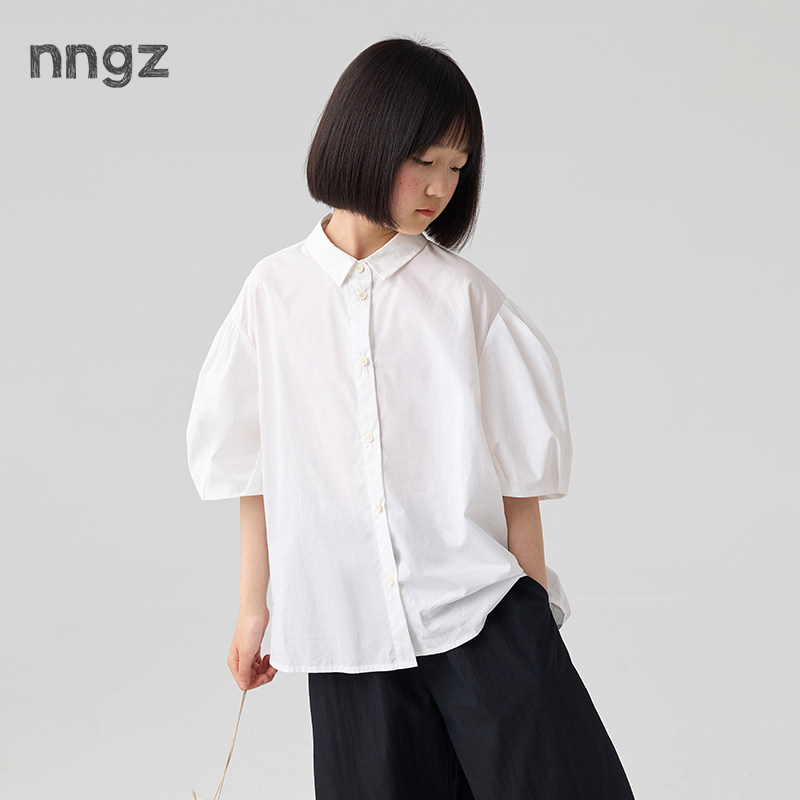 NNGZ设计师风女童廓形泡泡袖衬衫26夏季新款亲肤舒适儿童短袖衬