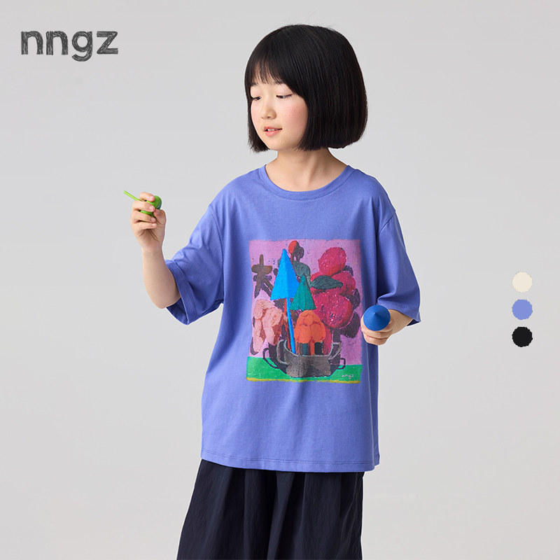 NNGZ设计师女童植物手绘印花短袖t恤26夏季亲肤透气儿童纯棉上