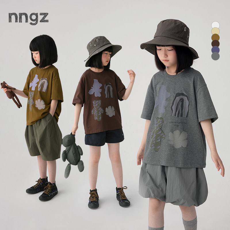 NNGZ手绘印花女童短袖t恤夏宽松百搭儿童套头衫洋气纯棉童装上衣