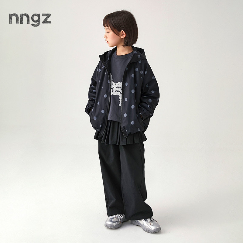 NNGZ设计师风女童复古波点印花连帽外套夏季新款洋气时髦儿童夹克