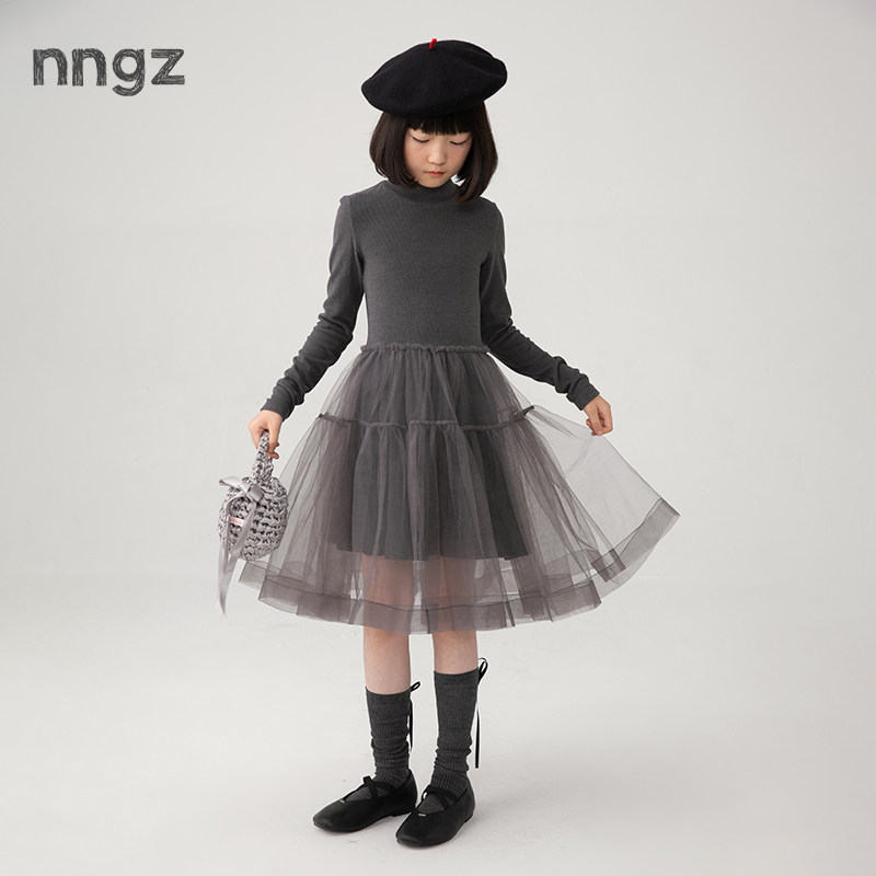 NNGZ设计师女童毛衣裙春季洋气时髦儿童拼接网纱裙童装公主蓬蓬裙